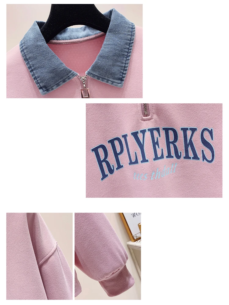 Denim Splicing POLO Collar Pullover Print Sweatshirt Zipper Fall Winter Long Sleeved Top Fake Two-piece Streetwear Style Casual