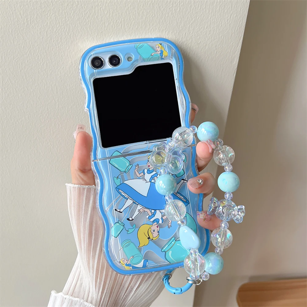 Cartoon Alices in Wonderlands with Lanyard Phone Case for Samsung Galaxy Z Flip 3 4 Z Flip 5 6 5G PC Hard Anti-drop Wave Cover