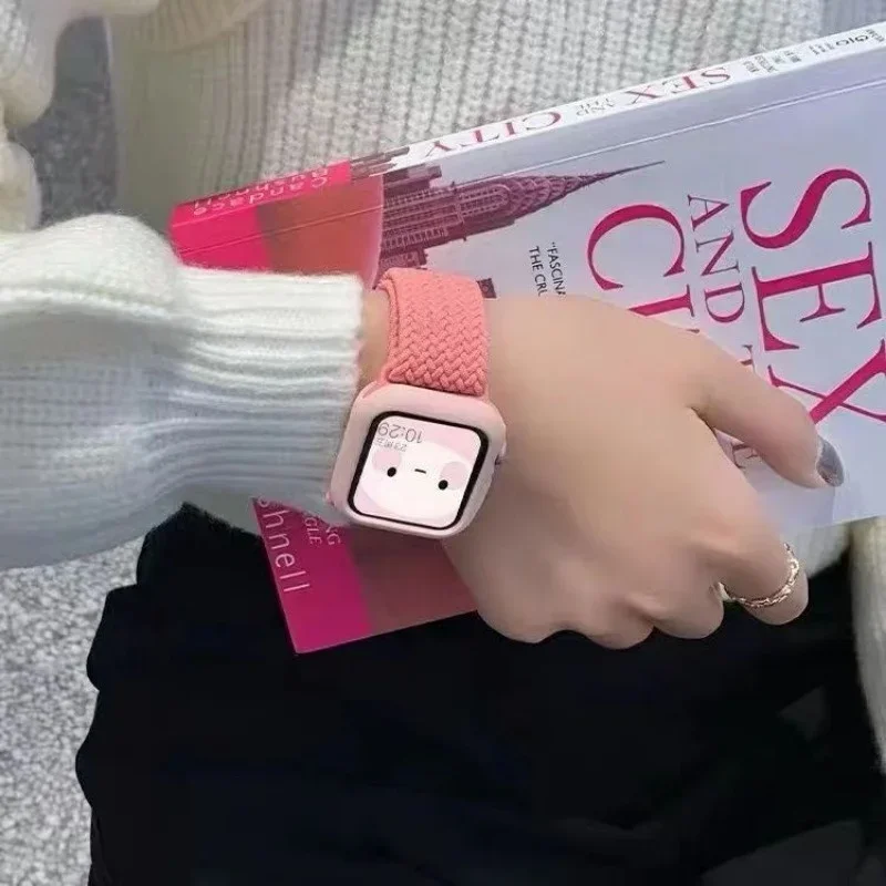 Korean Cute Braied Strap + Case For Apple Watch Band 49mm 46mm 45 44 38 42 Nylon Bracelet For iWatch Series 10 9 8 7 6 5 4 3 SE