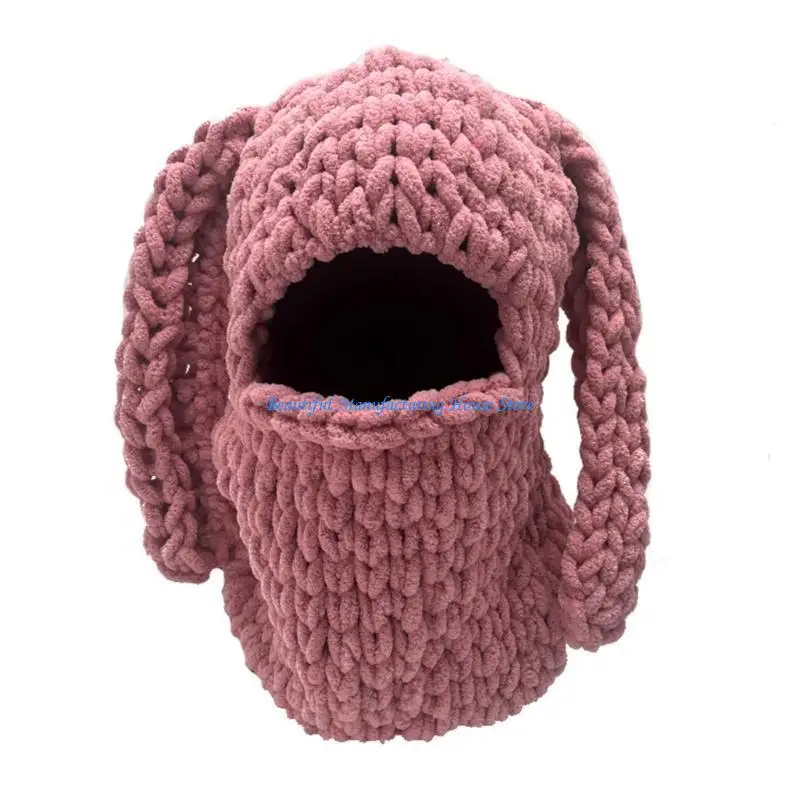 E56A Cartoon Bunny Ear Knitted Hat Neck Guard Winter Eye Exposed Cycling Hat for Girl