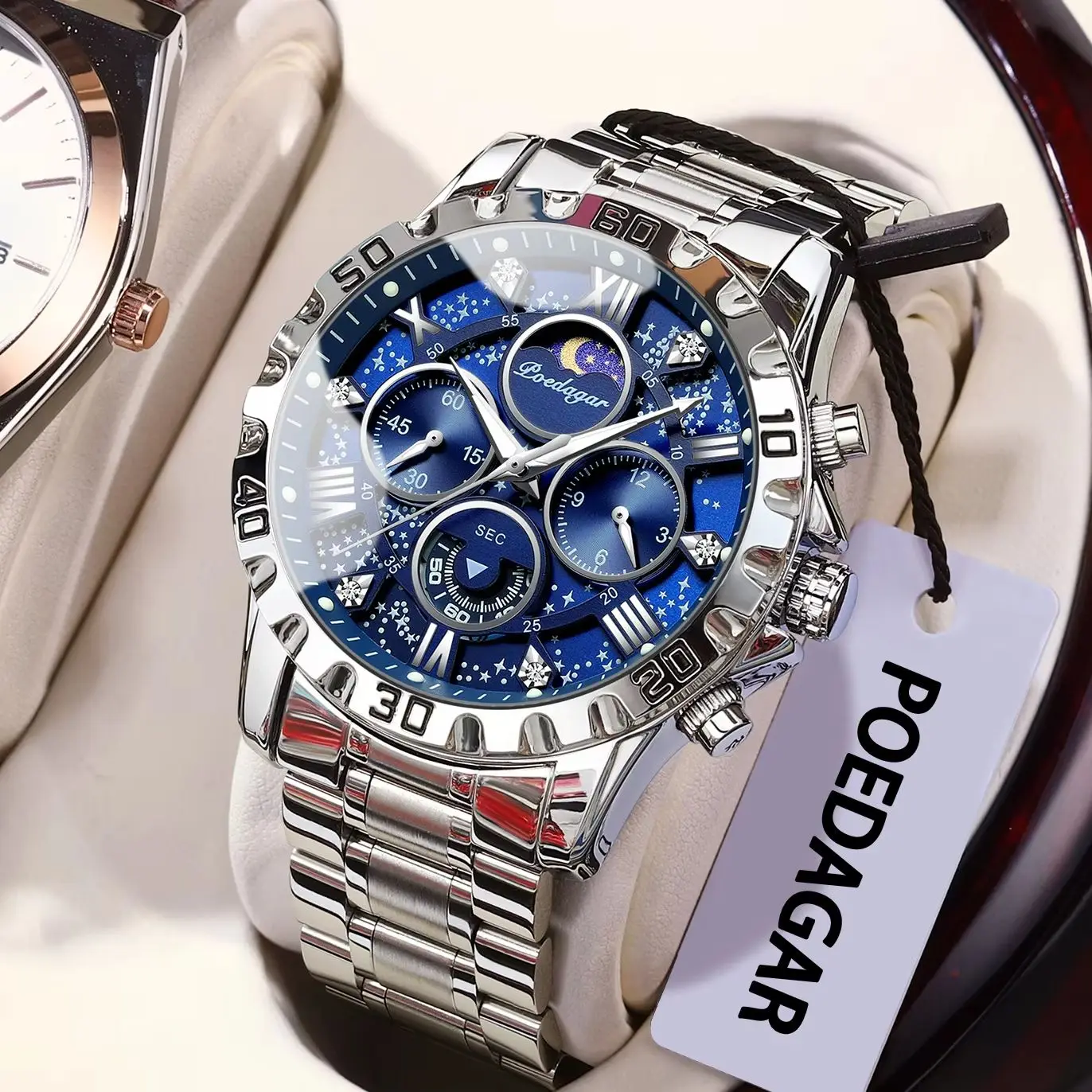 POEDAGAR ساعة رجالية عصرية فاخرة مقاومة للماء كرونوغراف مضيئة للرجال ساعة ستانلس ستيل رياضية عسكرية كوارتز ساعات رجالية