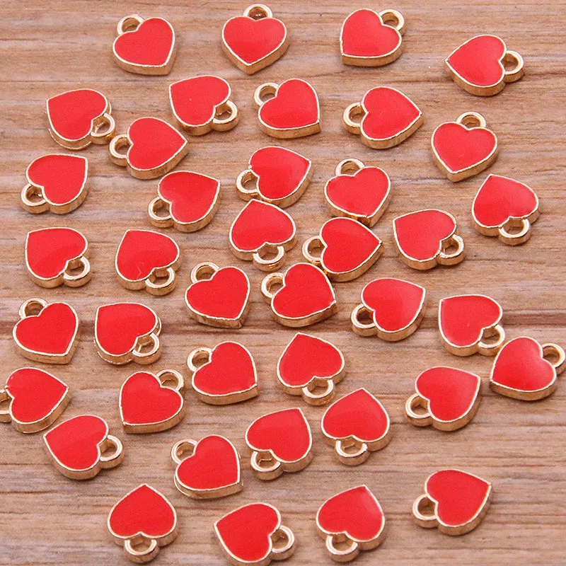 50PCS 6*8mm 10 Color Alloy Metal Drop Oil Small Heart Charms KC Gold Pendant For DIY Bracelet Necklace Jewelry Making