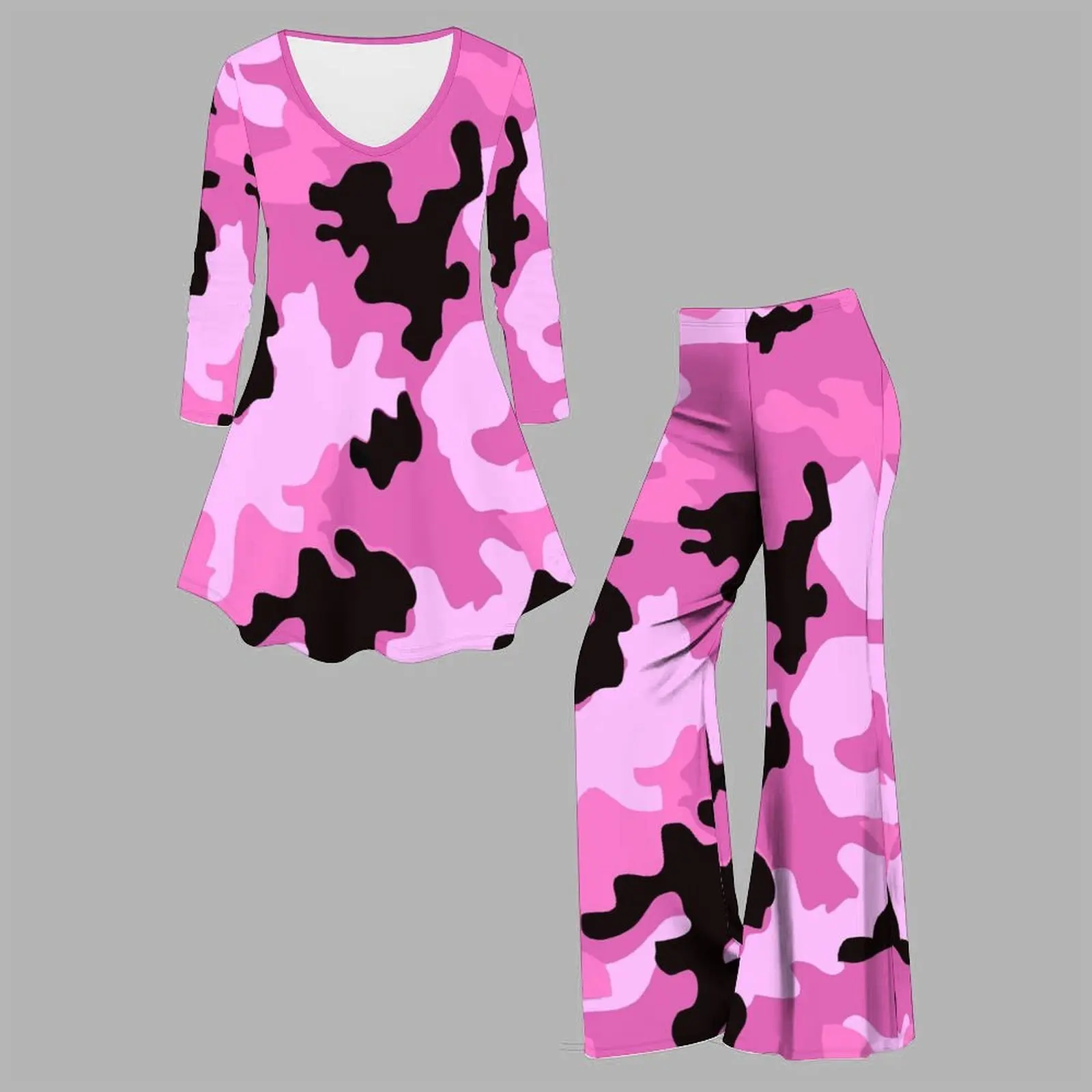 2pcs Plus Size Women Print Two Piece Set V-Neck Everyday Commuting Clothes Beach Vacation Sweatpants
