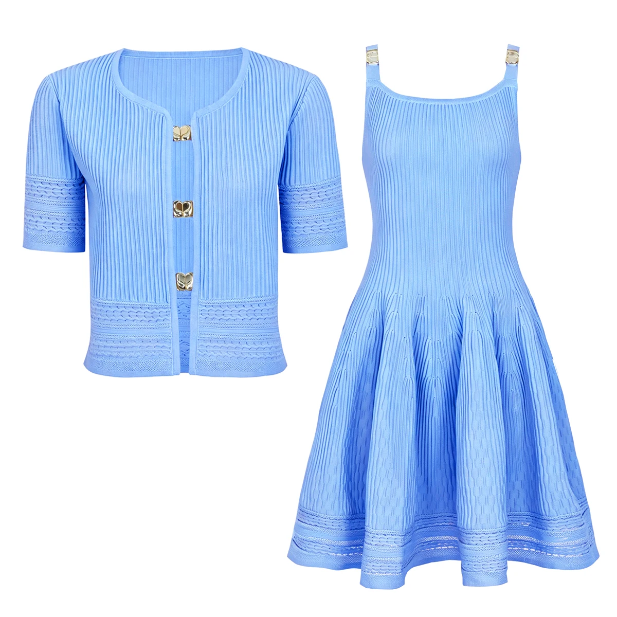26299 High Quality Spring And Autumn New Women's Love Button Decorative Short Sleeve Top Knitted Cardigan+Strap Skirt Set