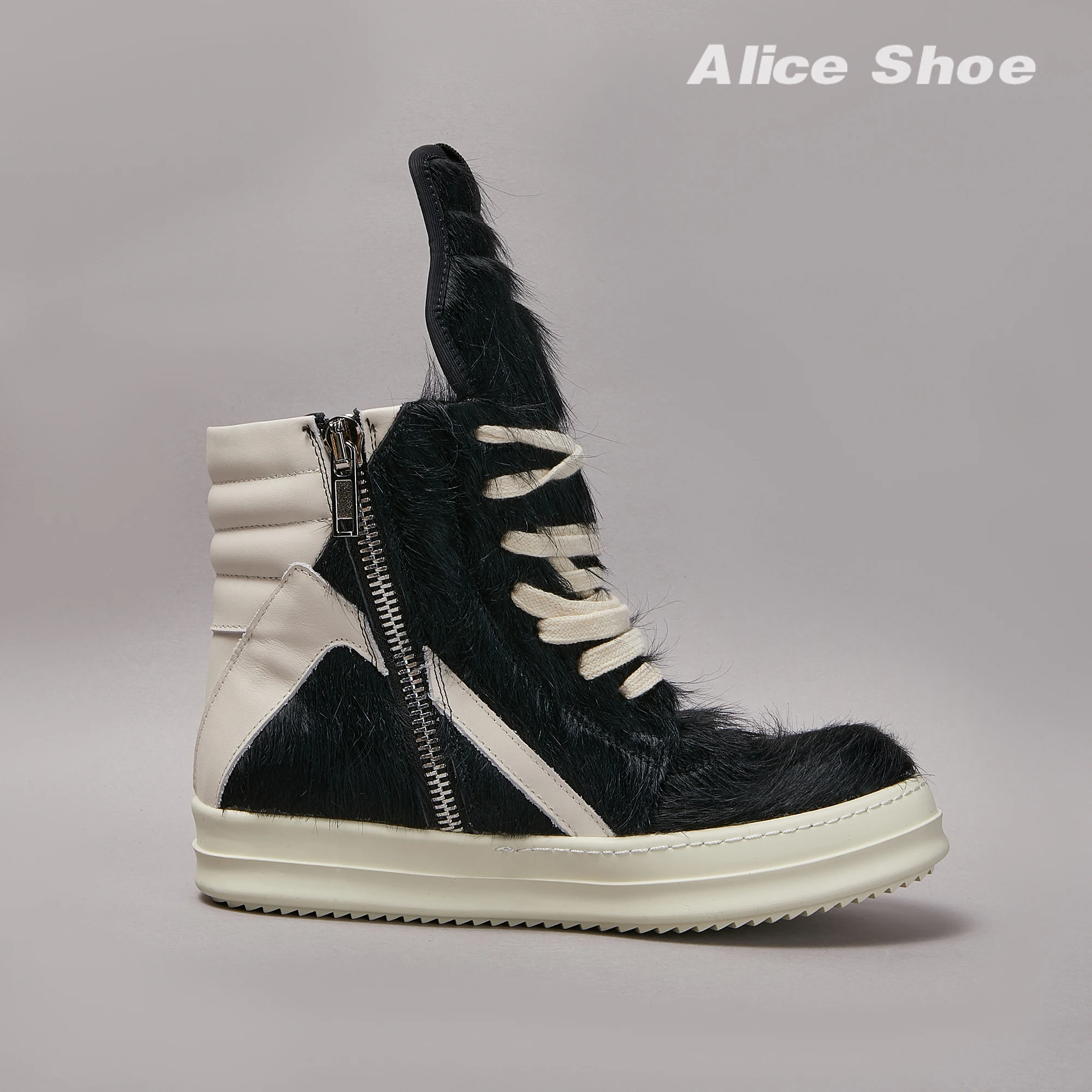 Brand Women Sneaker Horse Fur Casual High Top Men Shoe Leather Geobasket Black Zipper Designer Trainer Thick-sole Ankle Boot