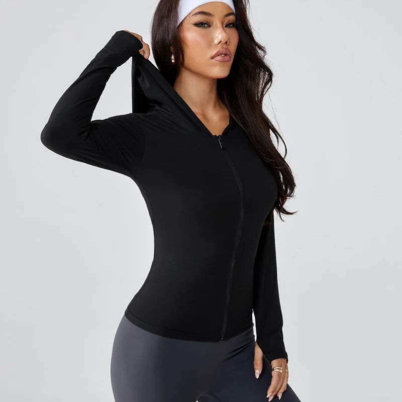 Sports jacket women's hooded zipper slim and high-end style fashionable yoga wear professional quick-drying running and fitn