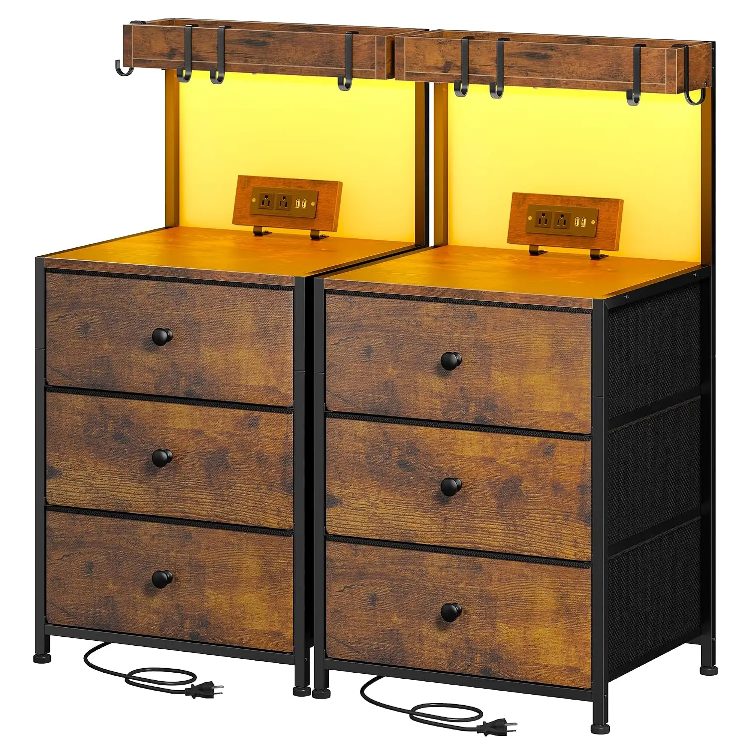 Rustic Brown Nightstand Set of 2 with LED Light & Drawers for Bedroom, Customized