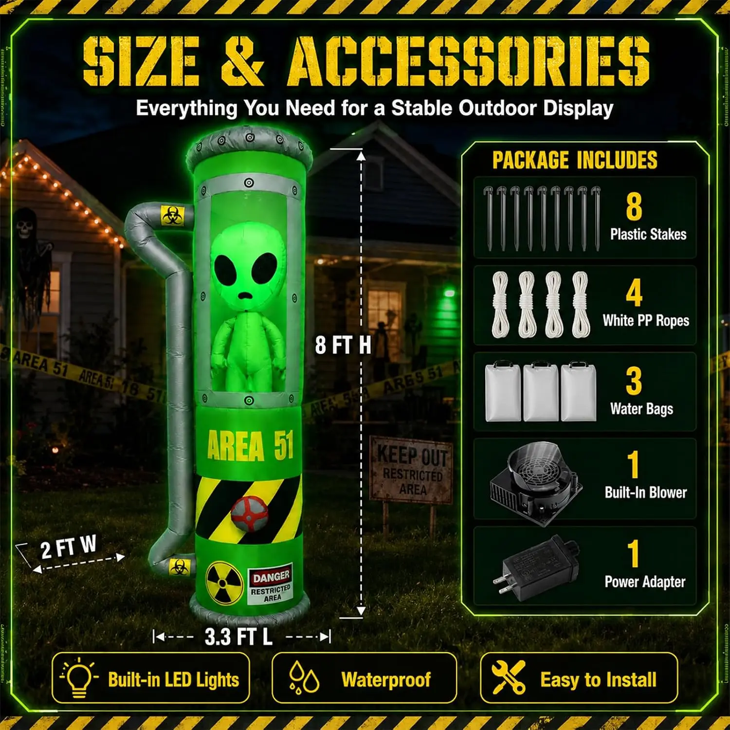 Halloween Alien Inflatable Decoration 8FT with LEDs Area 51 Escape Design Weather-Resistant Polyester for Outdoor Quick Setup