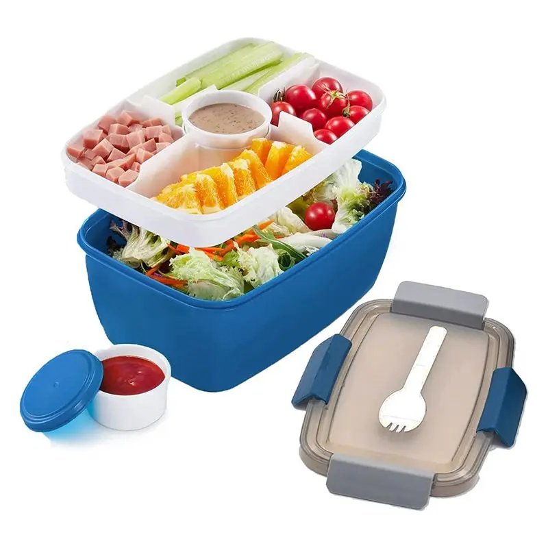 X10A Adult Lunch Box, 2000 Ml, Lunch Box with Compartments, 2-Tier Salad Box to Go, Large, Sustainable, Leak-Proof Blue
