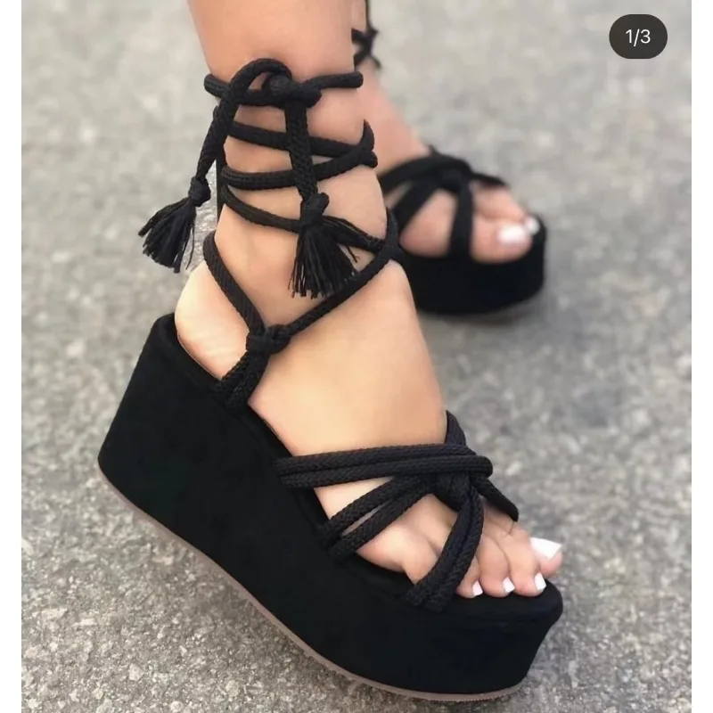 2024 Summer New Platform Wedge Sandals for Women Fashion Round Toe Cross Tied Height Increase Open Toe Femme Sandal Plus Size 43