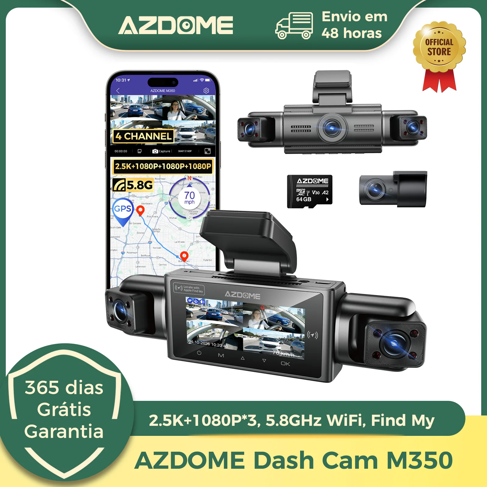 AZDOME M350 Câmera Veicular 4 Canais 2.5K DVR