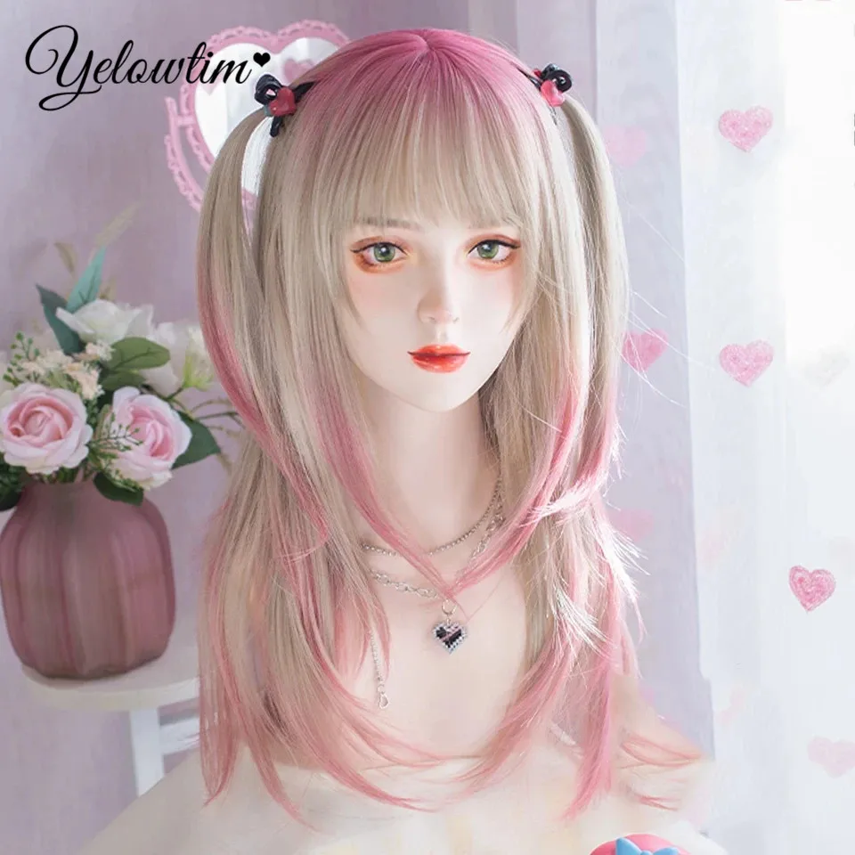 YELOWT Long Natural Wavy Platinum Blonde Pink Wigs with Bangs Cosplay Party Lolita Synthetic Wigs for Women Heat Resistant Fiber