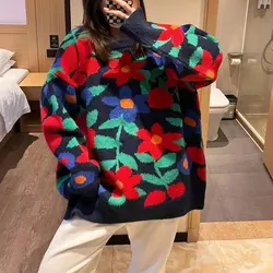 Sweet Flowers Printed Knitted Sweaters Autumn Winter Casual Long Sleeve Women's Clothing Fashion O-Neck Spliced Loose Jumpers