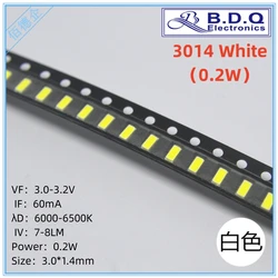 3014 beyaz 0.2W 6000-6500KLED lamba yuvası SMD LED ışık boyutu 3014 ışık yayan diyot yüksek parlak kalite 100 adet