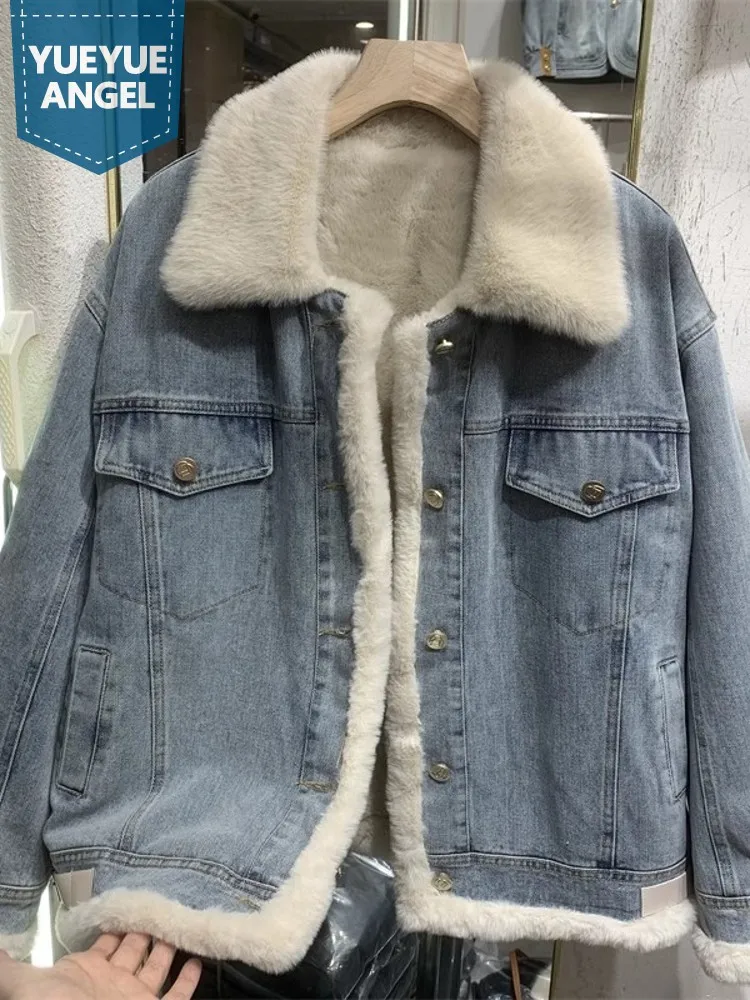 Winter Women Thick Warm Fleece Lining Denim Jacket Vintage Casual Outwear Coat Single Breasted Loose Fit Boyfriend Style Jacket