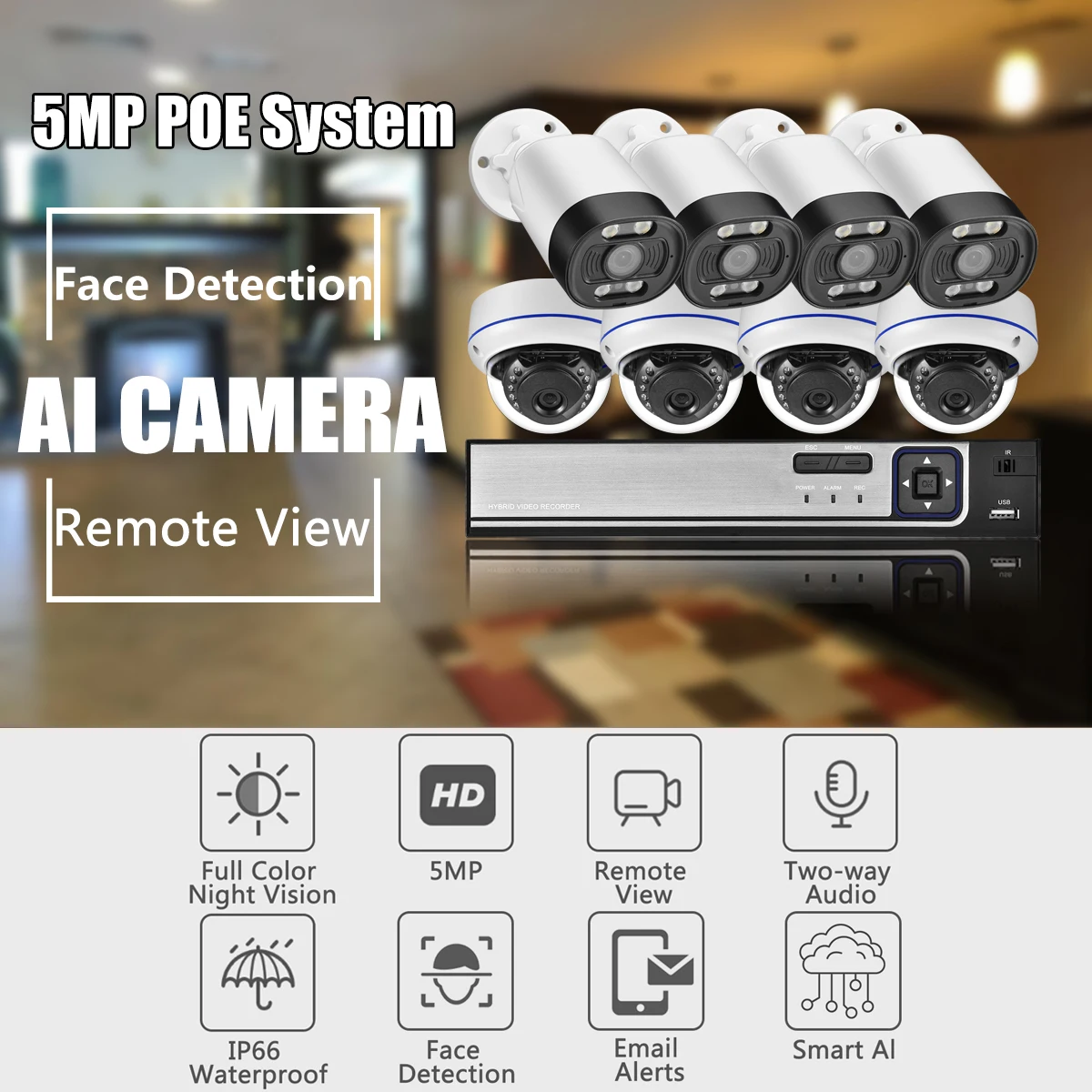 Gadinan 5MP Outdoor Dome Network Security Audio System Kit Face Detection POE IP Camera H.265+ CCTV 8CH NVR Surveillance Camera