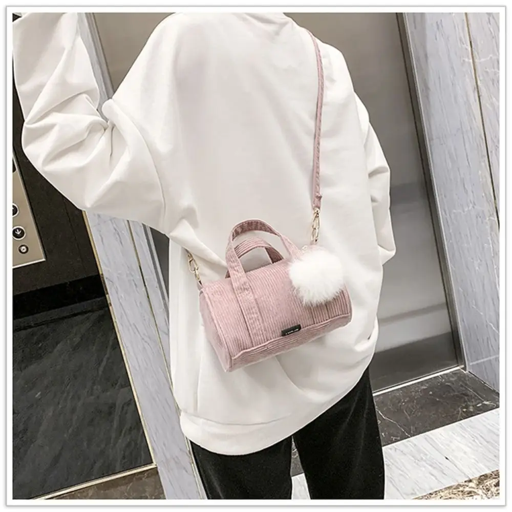 Simple Corduroy Pillow Bag Small with Pom Pendant Crossbody Bag Korean Style Messenger Bag