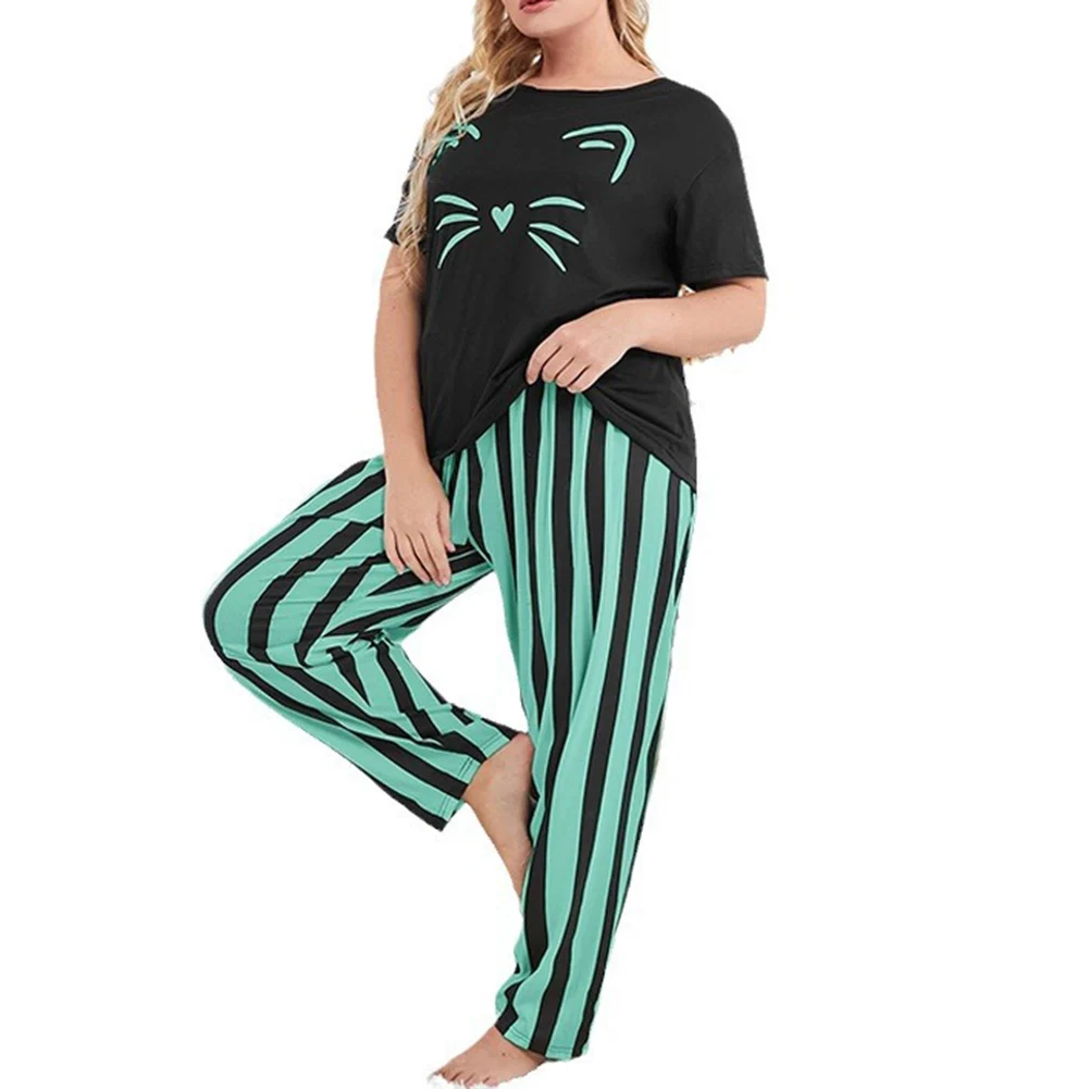 

Women Plus Size Pajamas Loungewear Tops Cat Tops Striped Trousers Home Clothes Home Suit Pajamas For Women Set