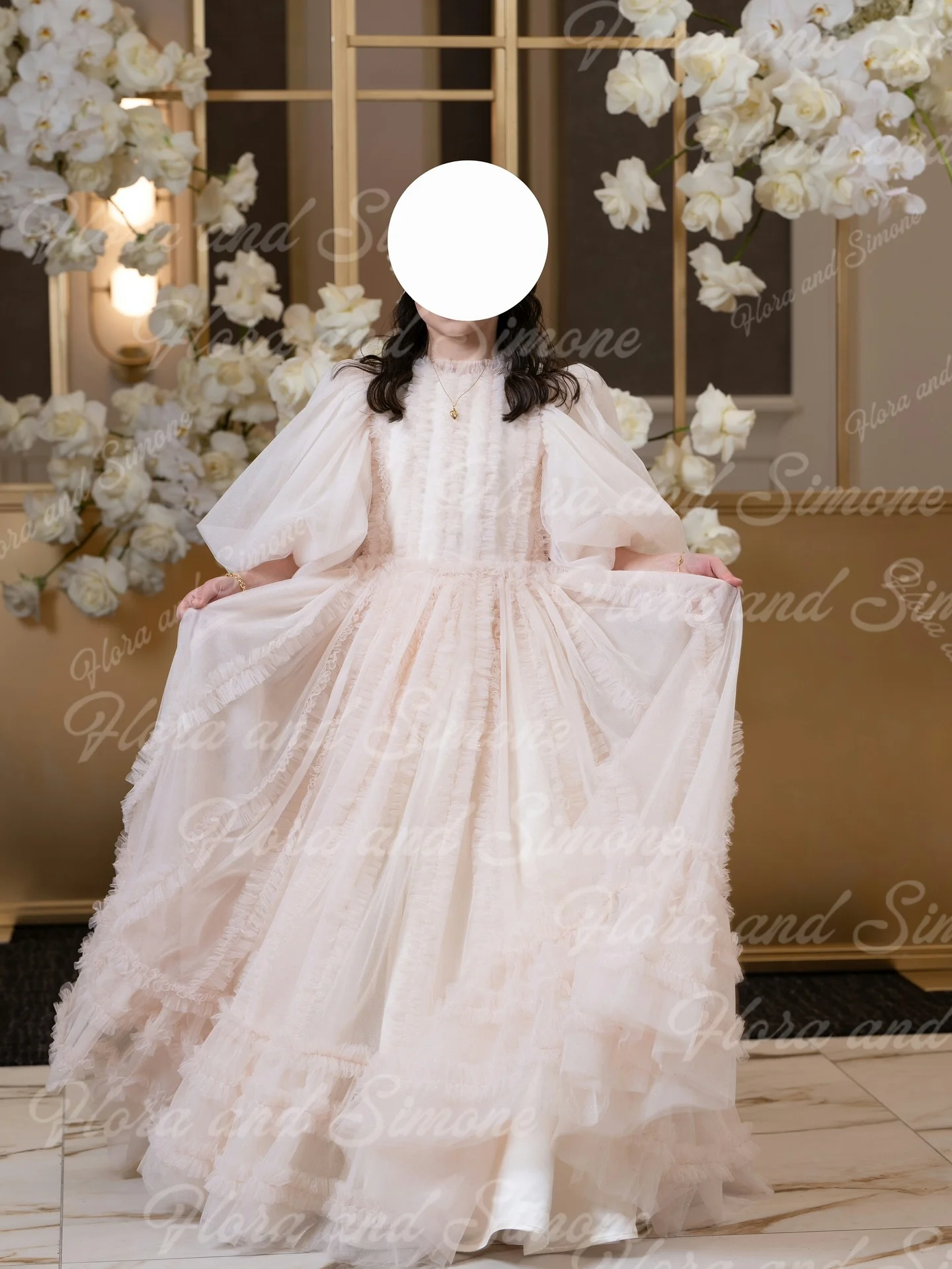 Bubble Short Sleeve High-neck Mesh Fluffy Elegant Flower Girl Dress for First Communion Dresses  Suitable For Wedding Parties