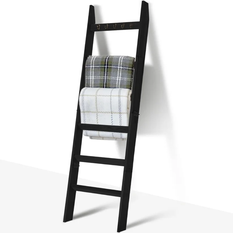 

6-Tier Blanket Ladder for Living Room and Bedroom,5.4 Ft Wall Leaning Quilt Rack with Hooks,Rustic Decorative Farmhouse Blanket