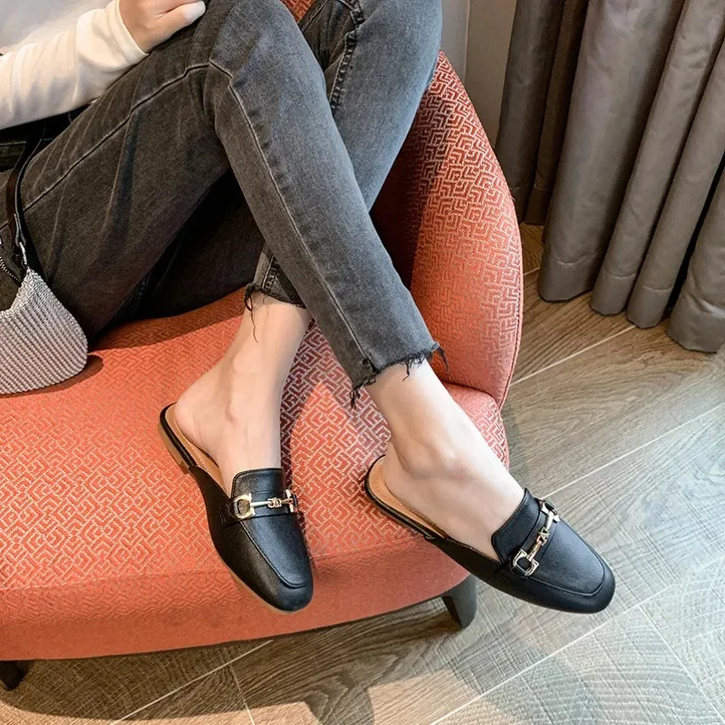 Women Elegant Mules Slippers Outdoor Shallow Slip On Slide Ladies Spring Summer Party Dress Cover Toe Flats Shoes Pu Business