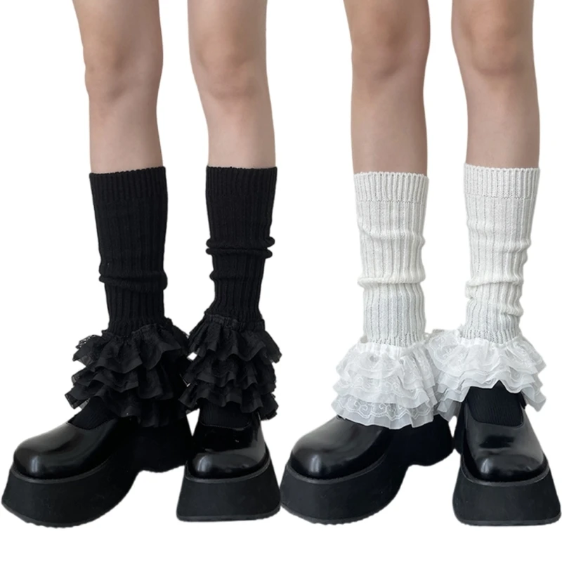 Ribbed Knitted Leg Warmers with Tiered Ruffle Lace Trim Sweet Flared Leg Covers