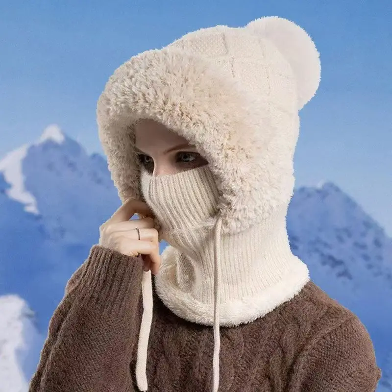 A++ Winter Women's Hats Masks Scarves Integrated Knitted Yarn Hats with Thick Velvet Warm Ear Protection Covers and Head Caps
