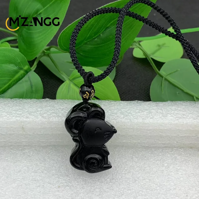 Obsidian Pendant Necklace Hand-carved Mouse Pendant Keychain Men and Women Models Sweater Chain Lucky Amulet