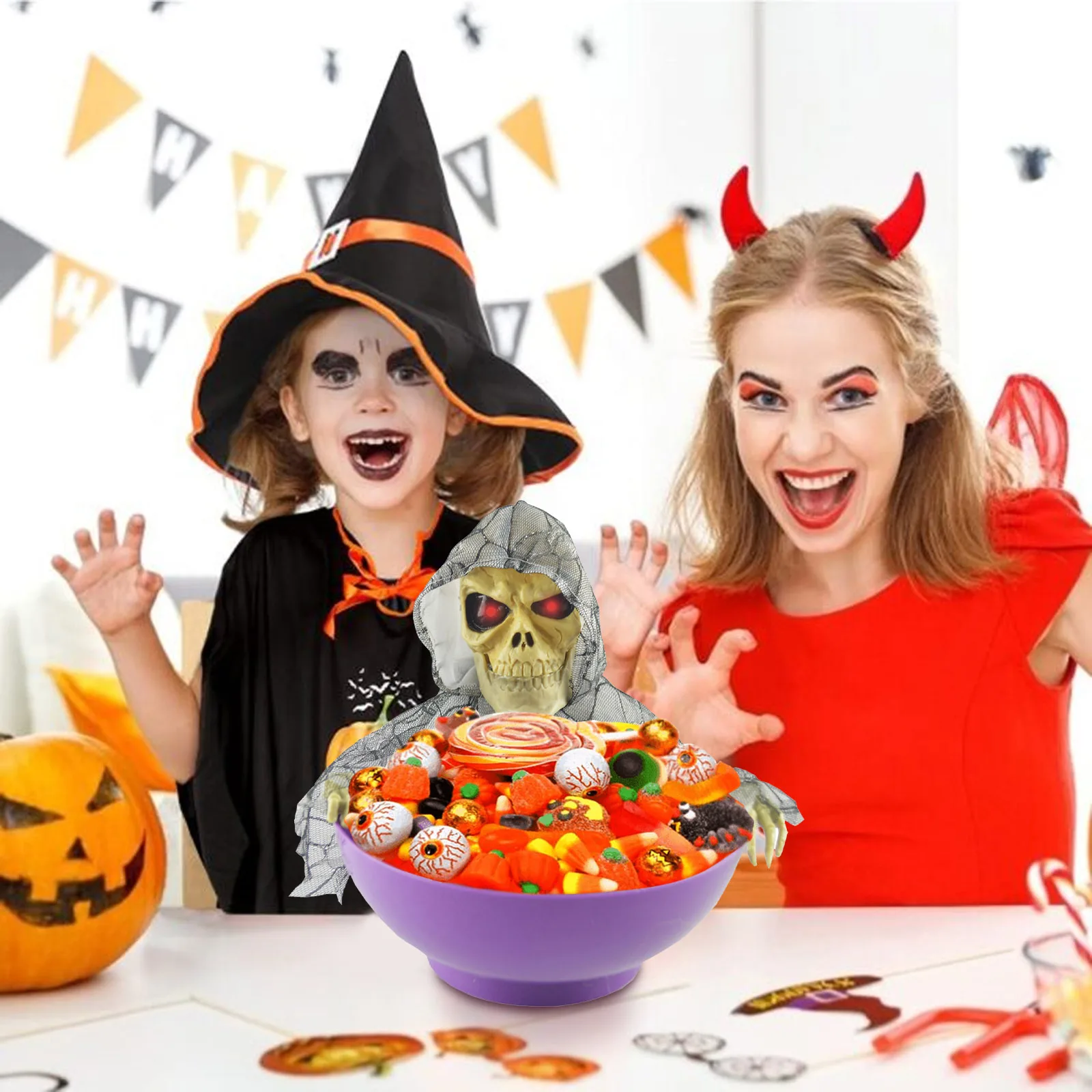 Halloween Decoration Animated Candy Bowl Creepy Moving Skeleton Haunted Candy Dish with LED Eye Sound for Party Home Decor