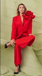 Luxury Red Office Women Suits Pants Set Wedding 2 Piece Blazer+Trousers 3D Flower Tuxedo Custom Size Formal Cotton Jacket Coat