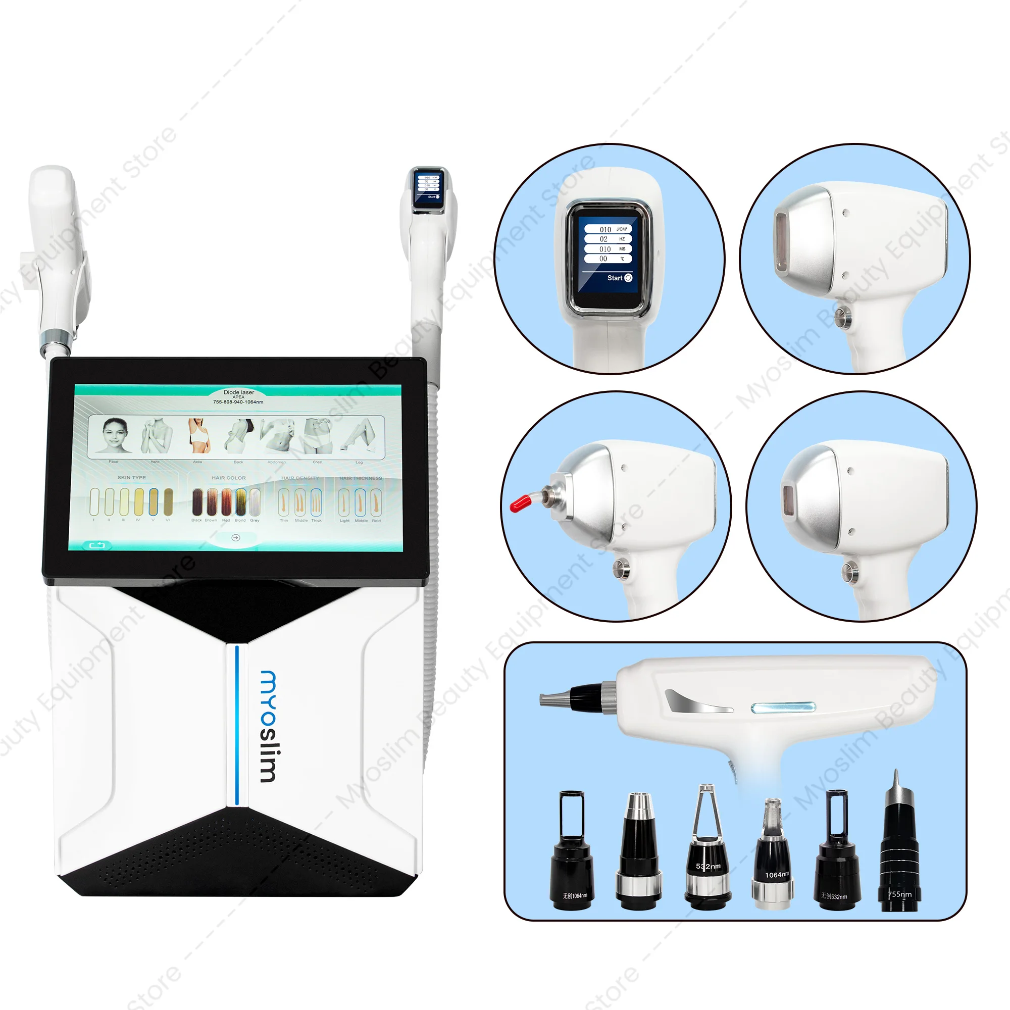 Commercial 2in1 Hair Removal Tattoo Fade Beauty Machine 60 Million Shots Pre Ignition Sapphire Cooling Magnetic Handle Salon Use