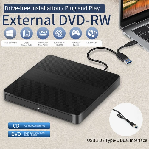 2 en 1 USB 3,0 tipo C externo DVD RW CD escritor Unidad delgada lector de grabadora Unidades ópticas para ordenador portátil PC grabadora de DVD portátil