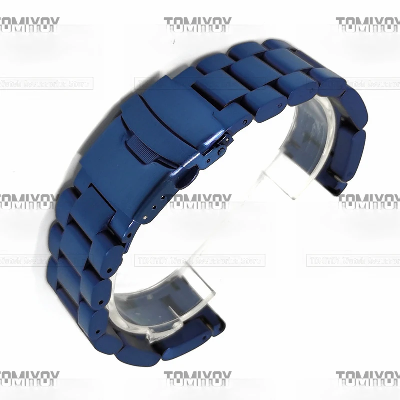 22 24MM Flat End Black Blue Silver 5.7MM Thicked Solid Stainless Steel Three Beads Dive Watch Band