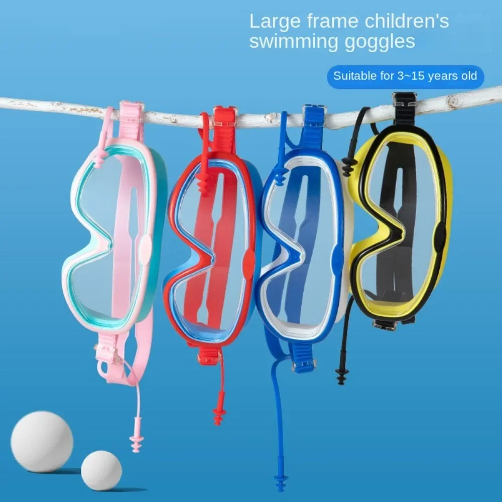 어린이용 귀마개가 달린 대형 프레임 수영 고글, 하이 퀄리티 어린이 김서림 방지 수영장 안경, 방수 HD 수영 아이웨어 