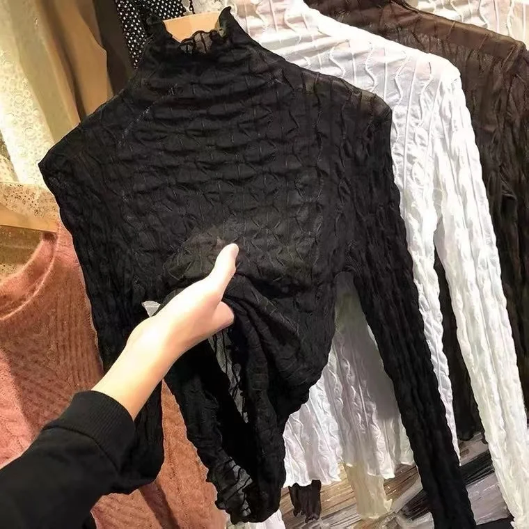 Autumn Thin Mesh Base Shirt Women's New High Collar Long Sleeve Inner Wear Slimming Fashionable Semi-Transparent Overhead Lac...