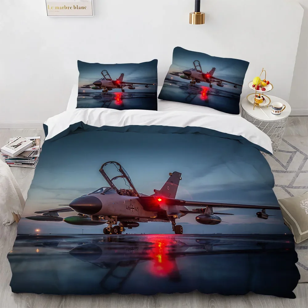 Fighter Plane King Queen Duvet Cover Military Aircraft Theme Bedding Set Kids Boys Men Sunset Airplane Polyester Comforter Cover