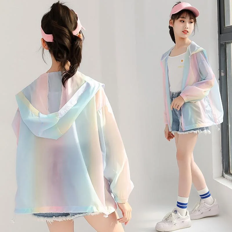 New Girls Summer Sun Protection Coat Rainbow Thin Style Fashion Princess Jacket Outdoor Activity 3-12 Years Children Clothing