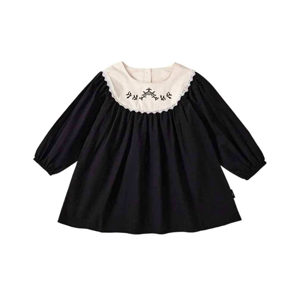 

High Waist Embroidered Flowers Lace Princes Dress Loose Pleated Girls Long Dress Sweet A-line Children Long Sleeved Dress Party