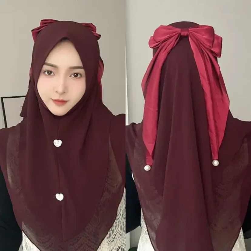 

Sweet Girls Big Bow 2025 Muslim Women Elegant Chiffon Hijabs