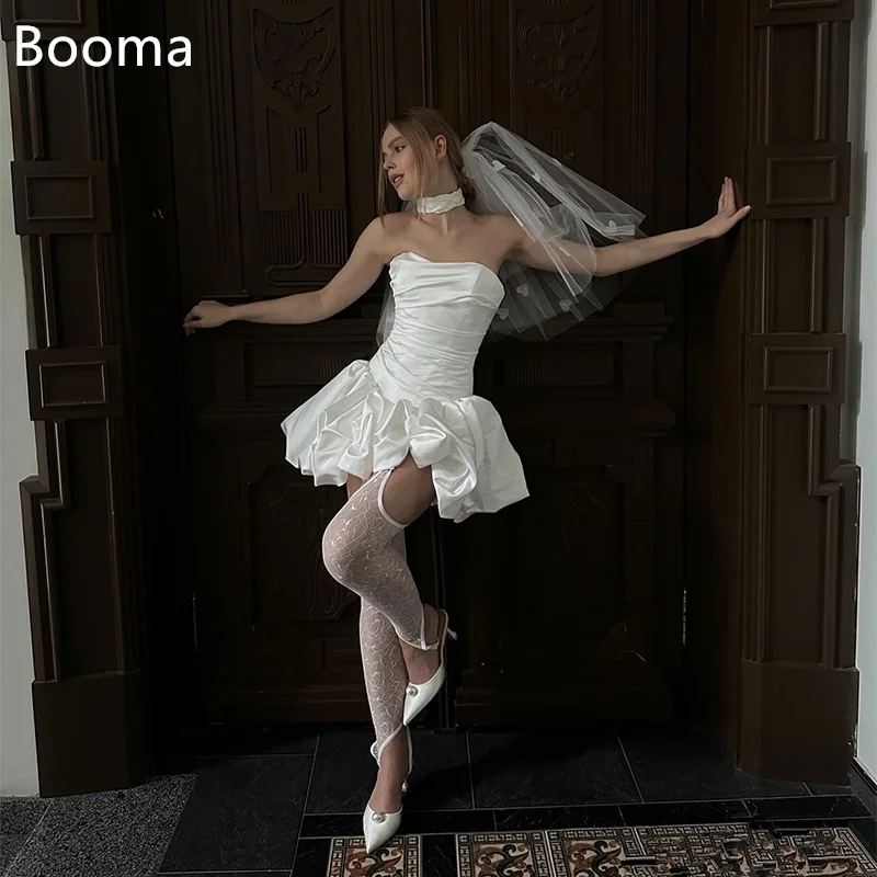 

Booma A-Line Satin Mini Wedding Dresses Sleeveless Strapless Pleat Corset Elegant Brides Gown Custom Made 2025