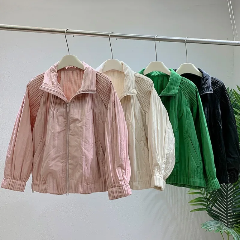 

Miyake Short Cotton Jacket Jacket Winter Women Pleated Peplum Casual Cardigan Top Zipper Cotton Clothing Japan Korea Windbreaker