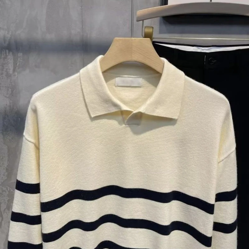 Men's Clothing Collared Knit Sweater Male Japanese Harajuku Fashion Beige Striped Pullovers Y2k Vintage Cotton Designer Luxury X