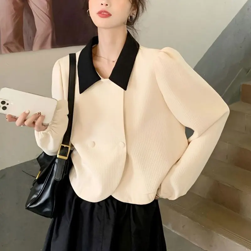 

Fashion Polo-Neck Loose Short Blouse Spring Autumn Solid Color Vintage Women's Clothing French Style Button Long Sleeve Shirt