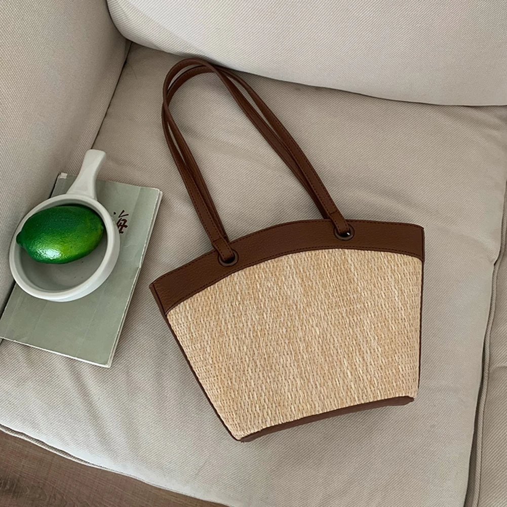 

Women Straw Woven Tote Bag Vintage Handmade Straw Bag Large Capacity Weaving Shoulder Bag Patchwork for Party Vacation
