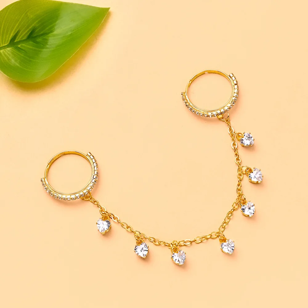 Double Finger Ring Chain Rhinestone Heart Charm Open Ring Linked Jewelry Adjustable Statement Rings for Women Party Prom Gift