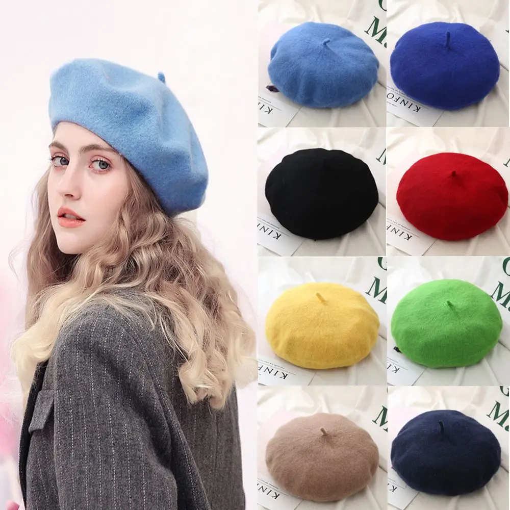 Solid Color Winter Warm Beanie Autumn Beret Hat Flat Cap Hat Wool Beret Cap Felt Berets image 2