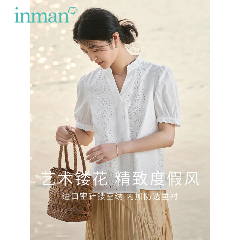 INMAN Women Blouse 2023 Summer Puff Sleeve Standing Collar Loose Shirts Hollow Embroidery Elegant Casual White Tops