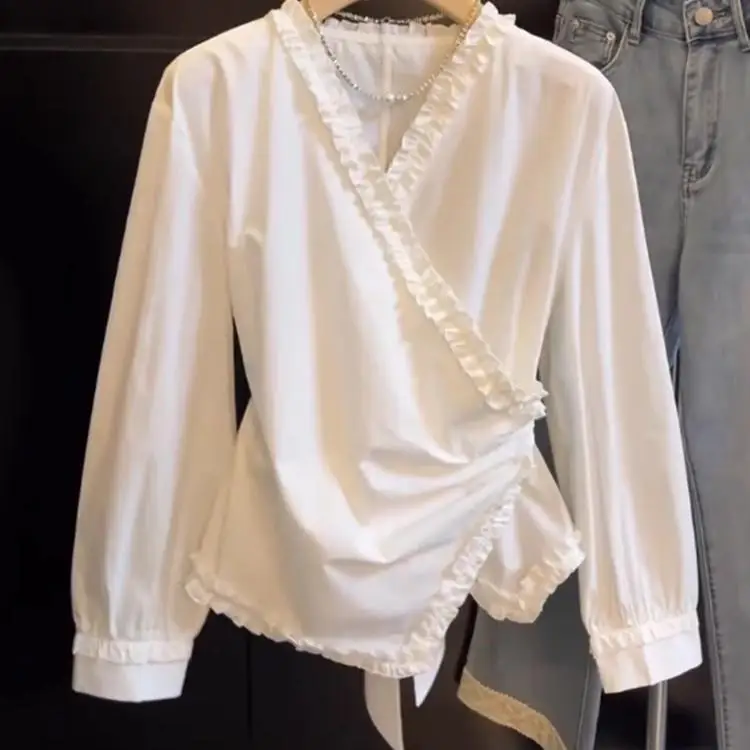 

Ele Wood ain Ruffle irt Women's Spring 2025 New V-ne Ba Knot Long Sve Pure Color Pullover Top