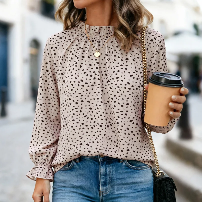 Plus-Size Women's Shirt, Leopard Print Long-Sleeve Ruffled Round-Neck Casual Workwear Top, Loose Fit, Perfectly Accentuates the view 4