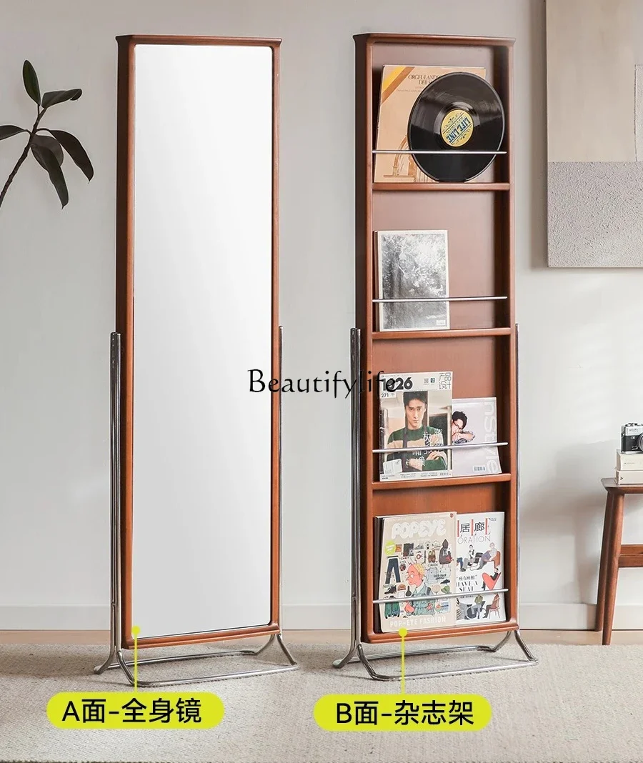 

yj19 Vintage Solid Wood Full-Length Mirror Floor Storage Display Home Movable Mirror